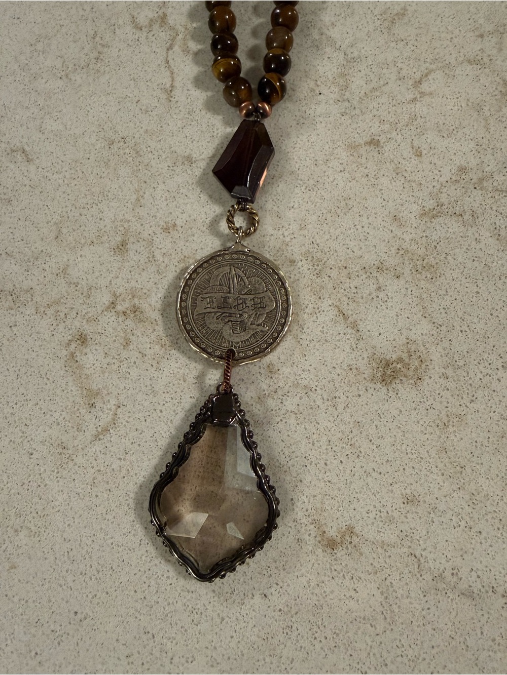 Layered Pendant Necklace with Brown and Black Accents Boho Coin - Picture 3 of 9